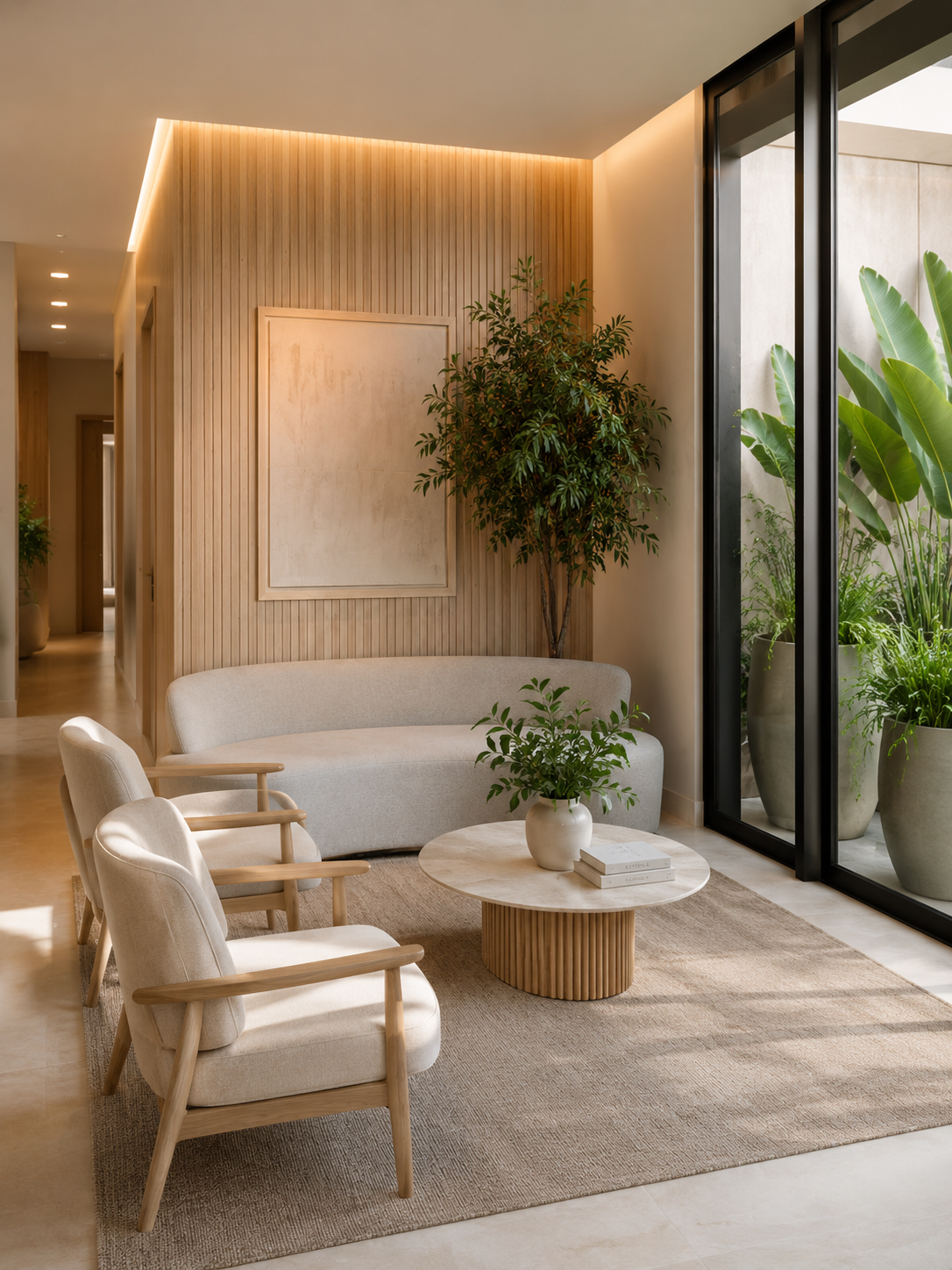 Recepção de clínica com arquitetura humanizada, iluminação natural e ambiente acolhedor.